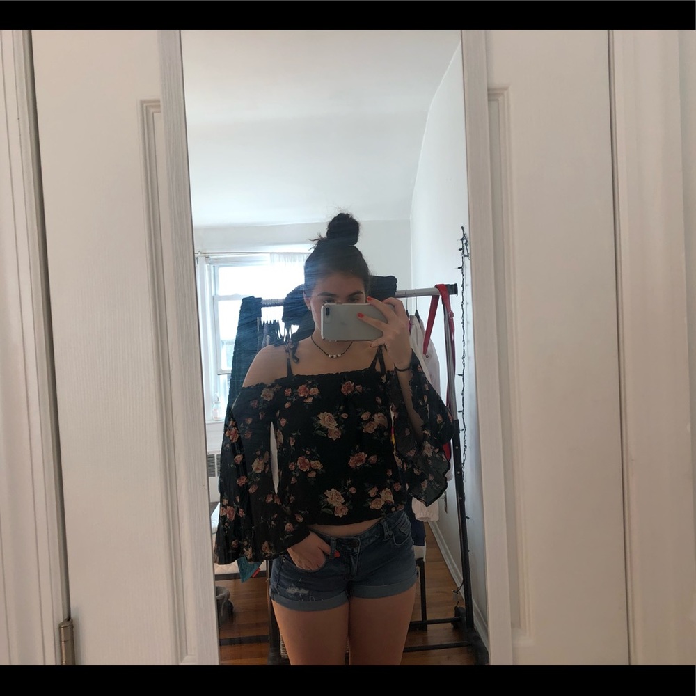 Long sleeve black floral top with bell sleeves